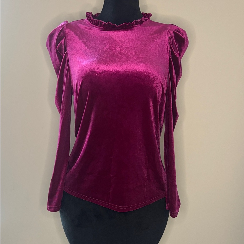 Elegant Velvet Ruffle Top - Magenta Pink Size Medium